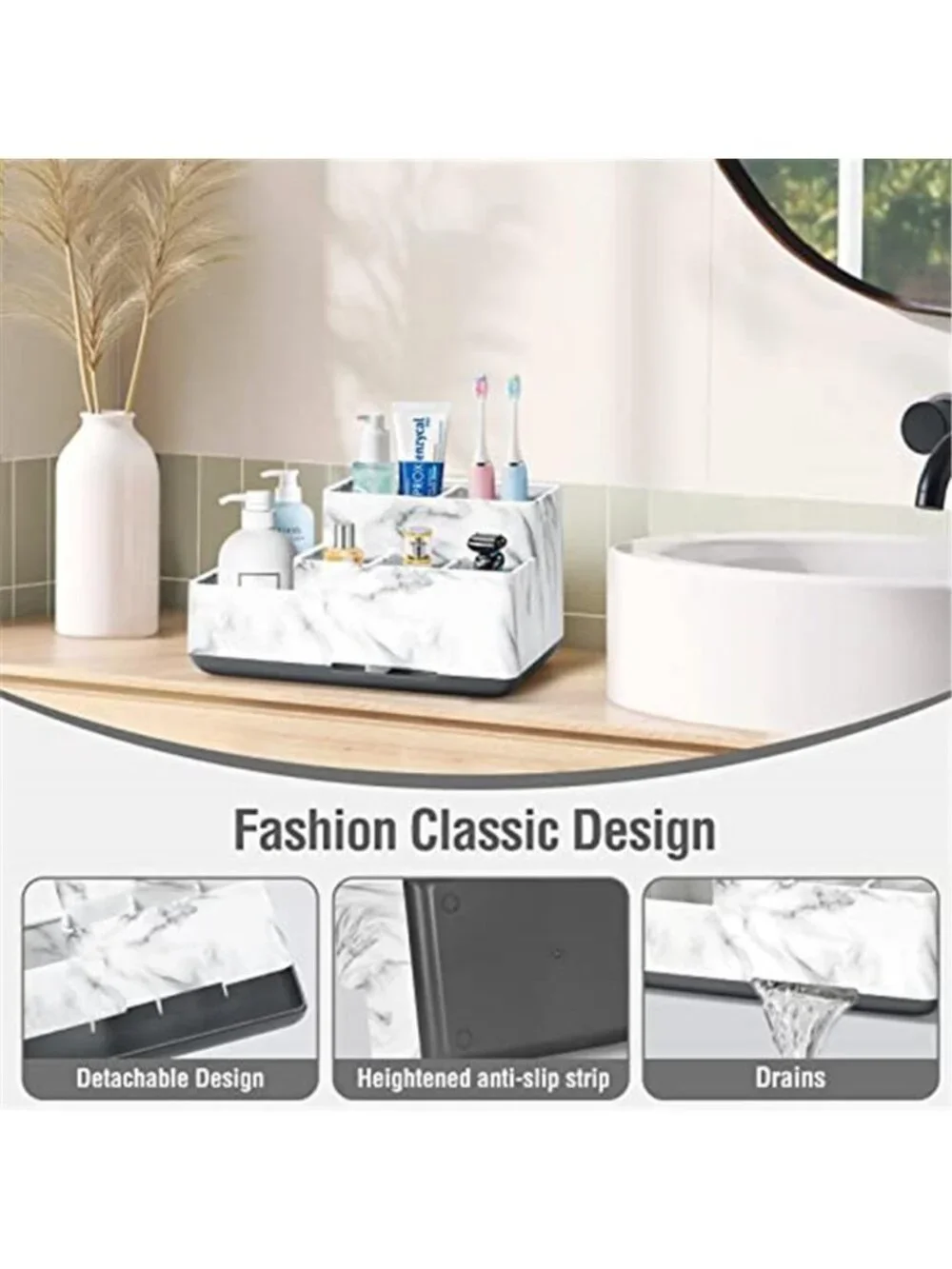 Bathroom Counter Organizer Toothbrush Holder Makeup Storage Marble Vanity Tray
